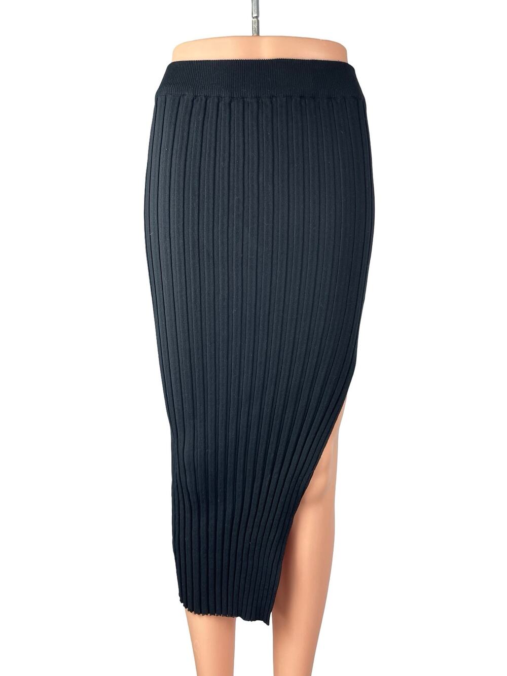 Klesis Black Ribbed Knit High Waist Pull On Slit Sculpt Pencil Midi Skirt Size M